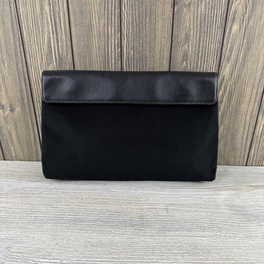 Mark & Graham Black Herringbone Envelope Clutch Leather Trim Bag Magnetic Flap